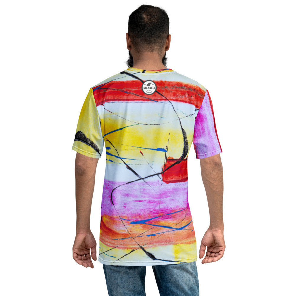 Men's jersey tee in a pink and yellow abstract print that runs across the body and the sleeves.