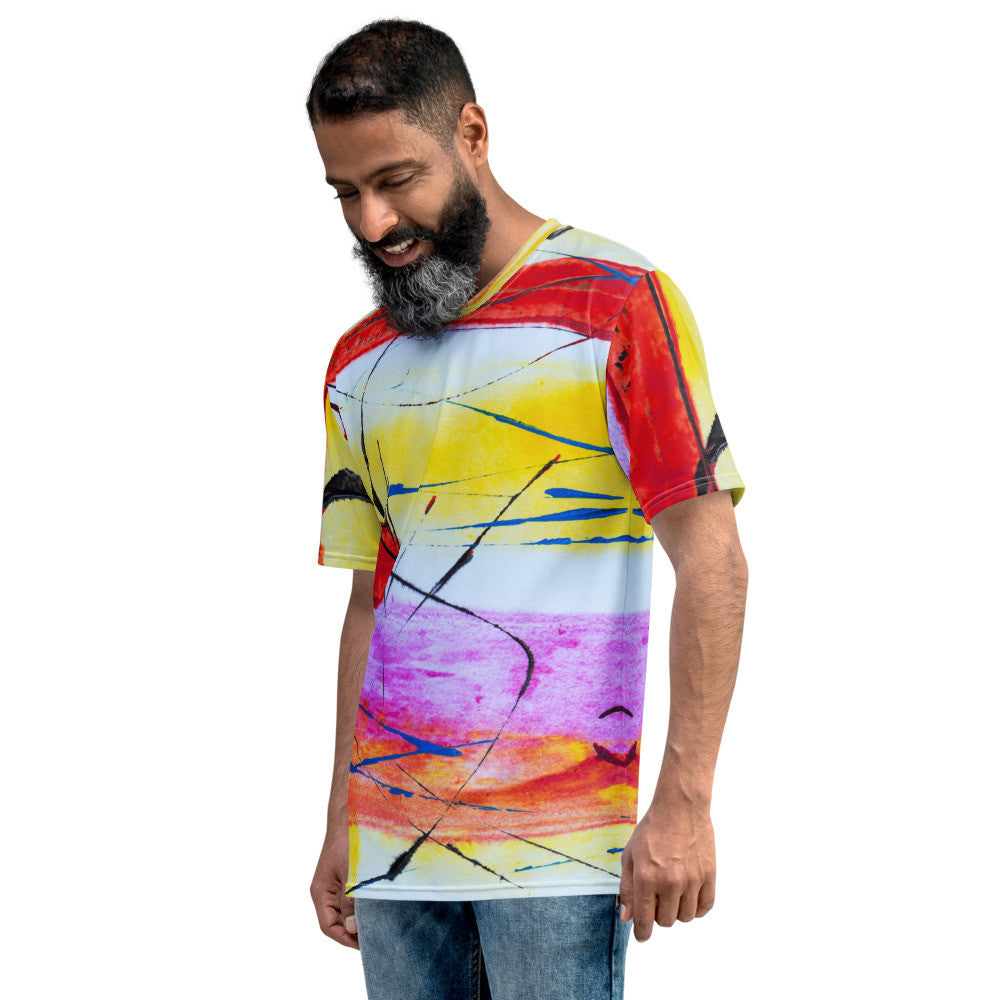 Men's jersey tee in a pink and yellow abstract print that runs across the body and the sleeves.