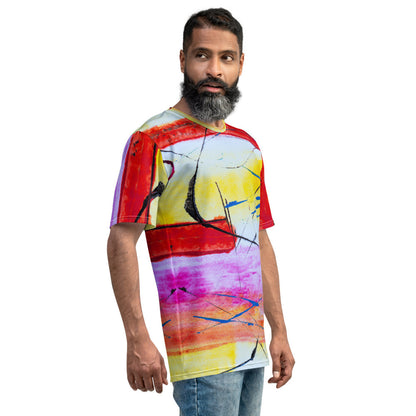 Men's jersey tee in a pink and yellow abstract print that runs across the body and the sleeves.