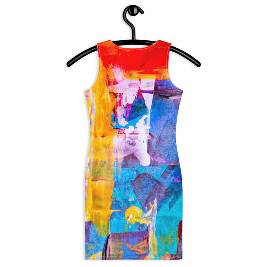 Fitted dress in full-spectrum color blocks, printed over a close body-skimming silhouette.
