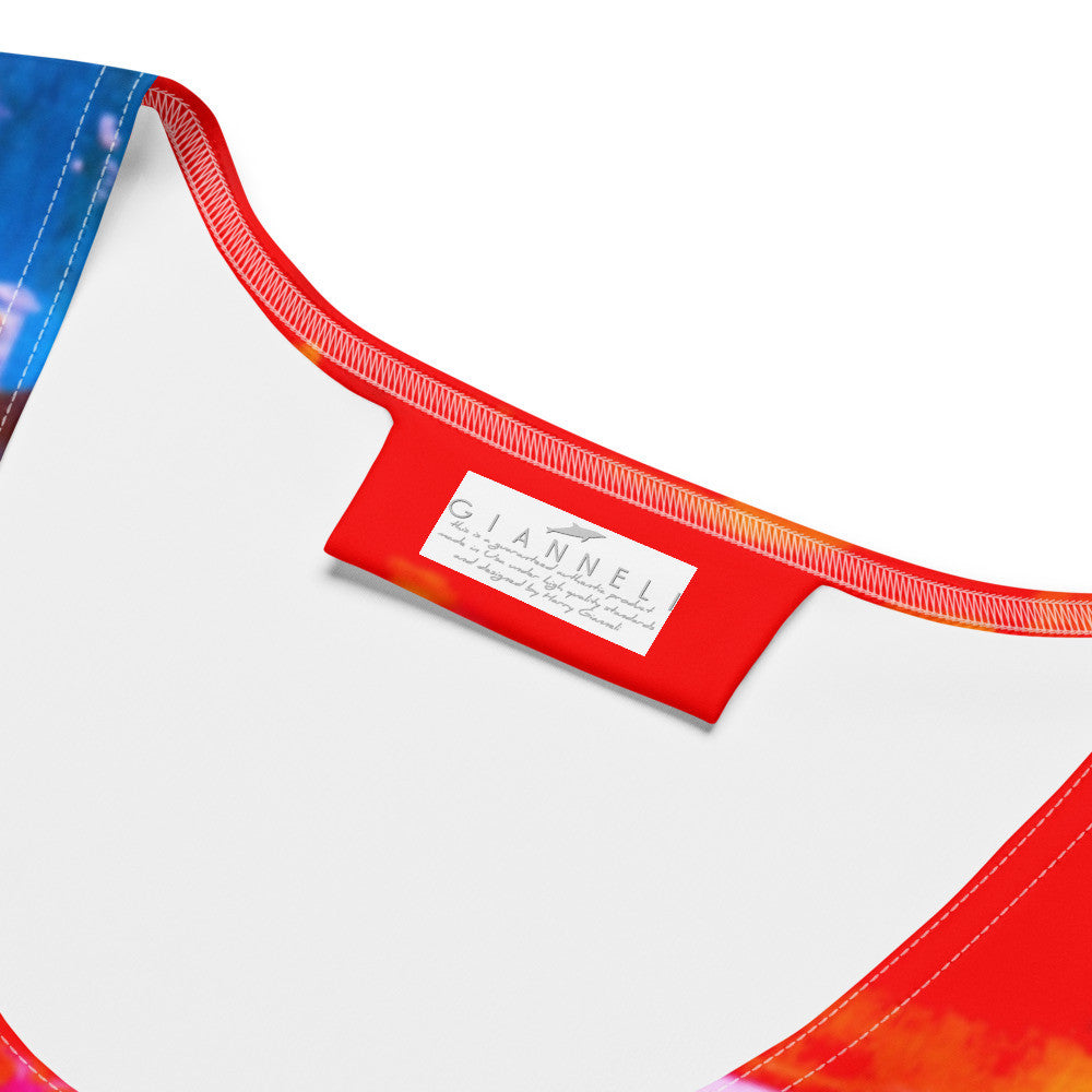 Fitted dress in full-spectrum color blocks, printed over a close body-skimming silhouette.