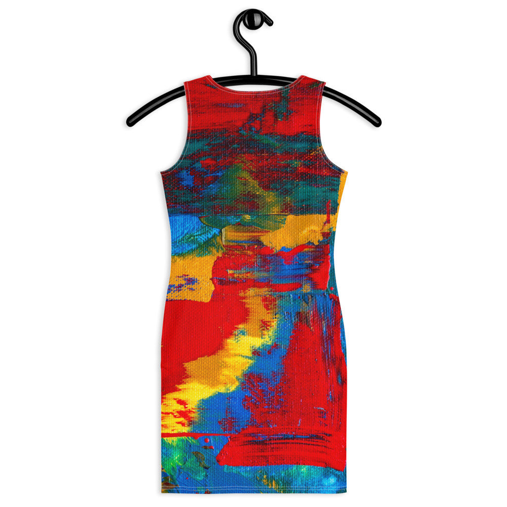 Fitted dress in vivid red, blue and green, printed to the body-skimming shape without a break.