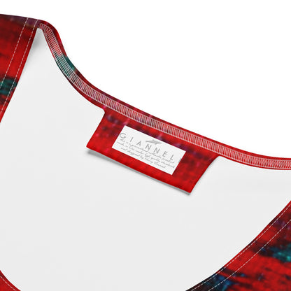 Fitted dress in vivid red, blue and green, printed to the body-skimming shape without a break.