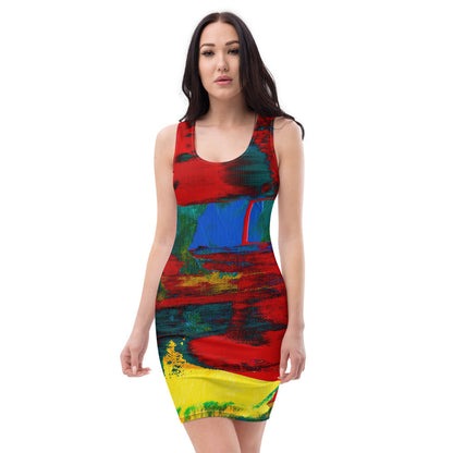 Fitted dress in vivid red, blue and green, printed to the body-skimming shape without a break.
