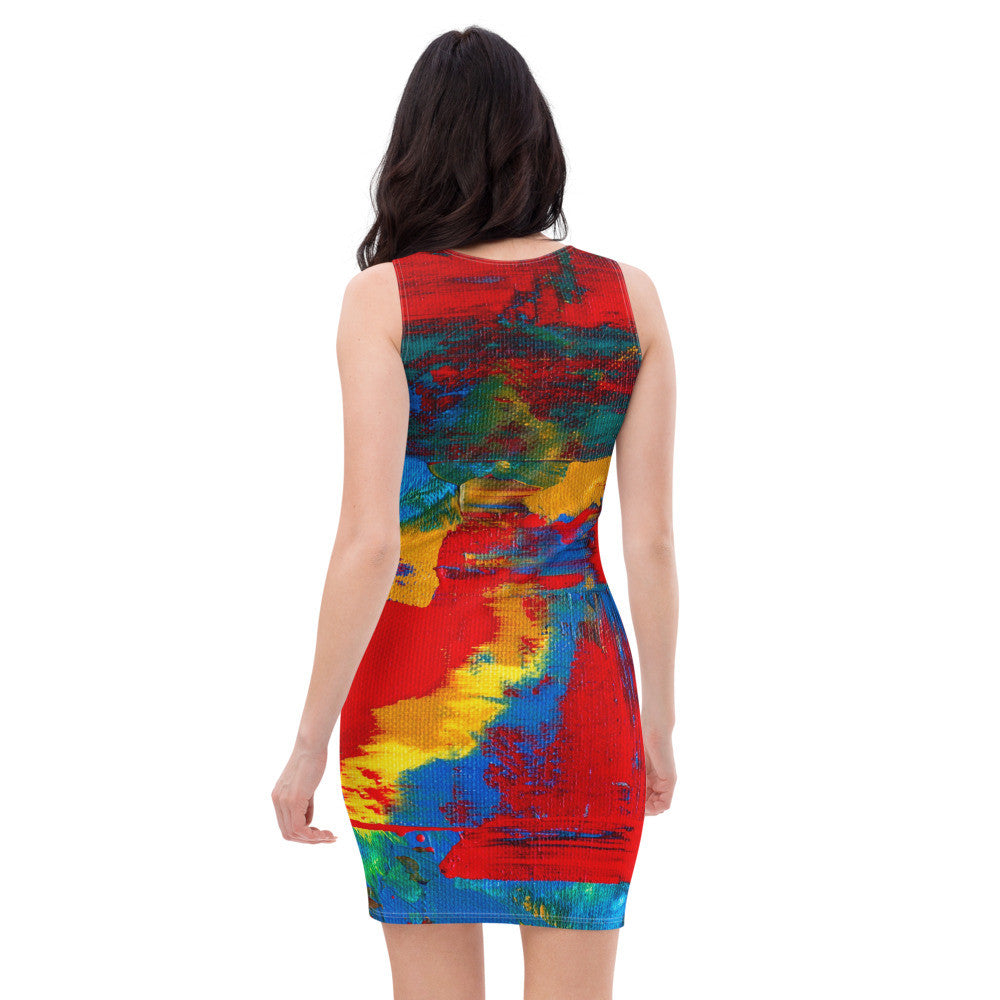 Fitted dress in vivid red, blue and green, printed to the body-skimming shape without a break.
