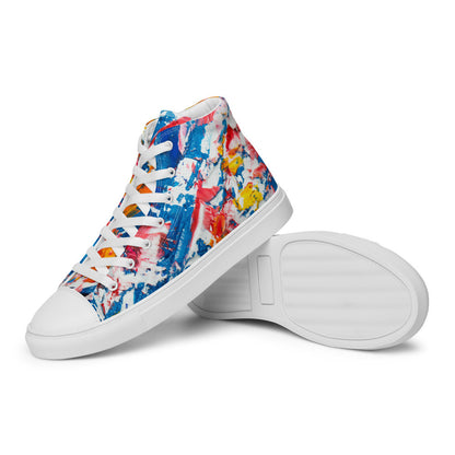 Women's high top canvas sneaker in red, blue and white splashes, with a padded ankle collar.
