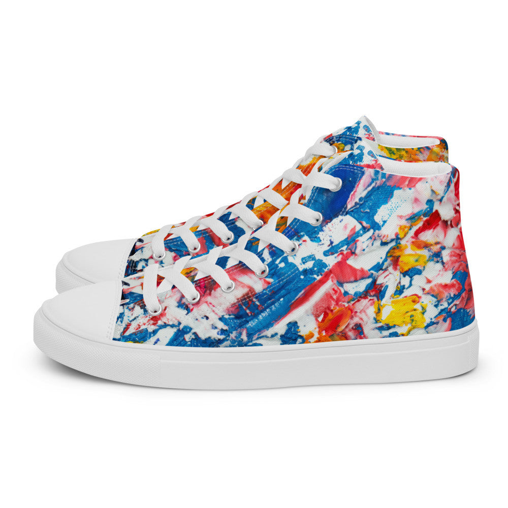 Women's high top canvas sneaker in red, blue and white splashes, with a padded ankle collar.
