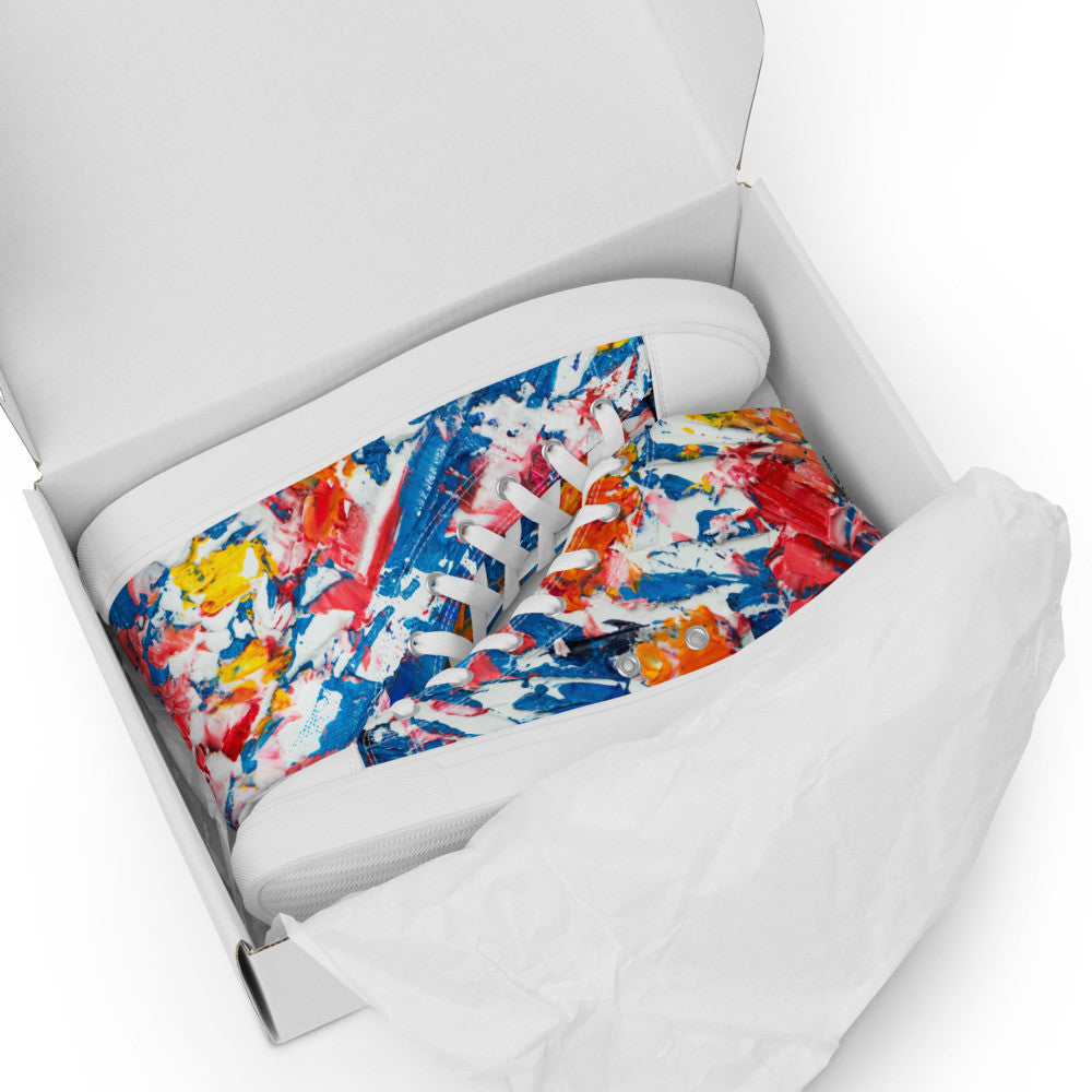 Women's high top canvas sneaker in red, blue and white splashes, with a padded ankle collar.