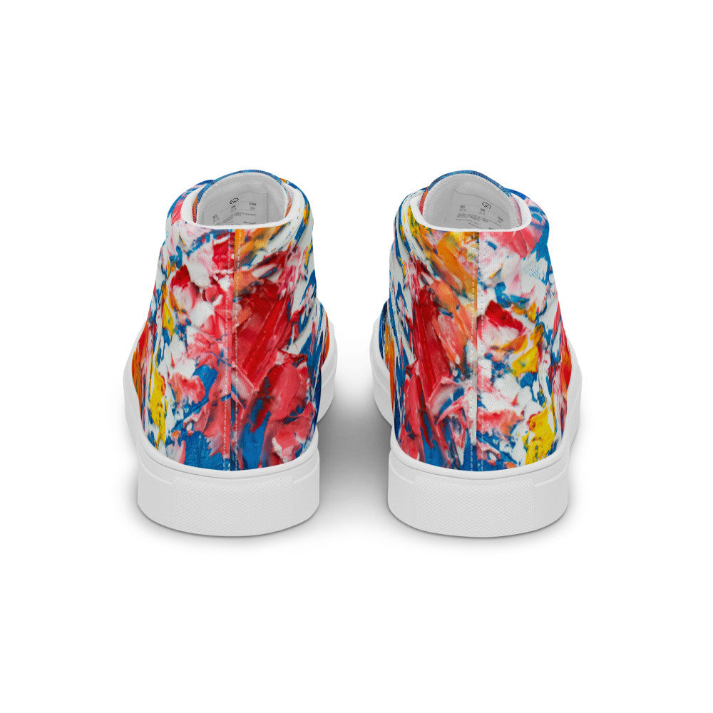 Women's high top canvas sneaker in red, blue and white splashes, with a padded ankle collar.
