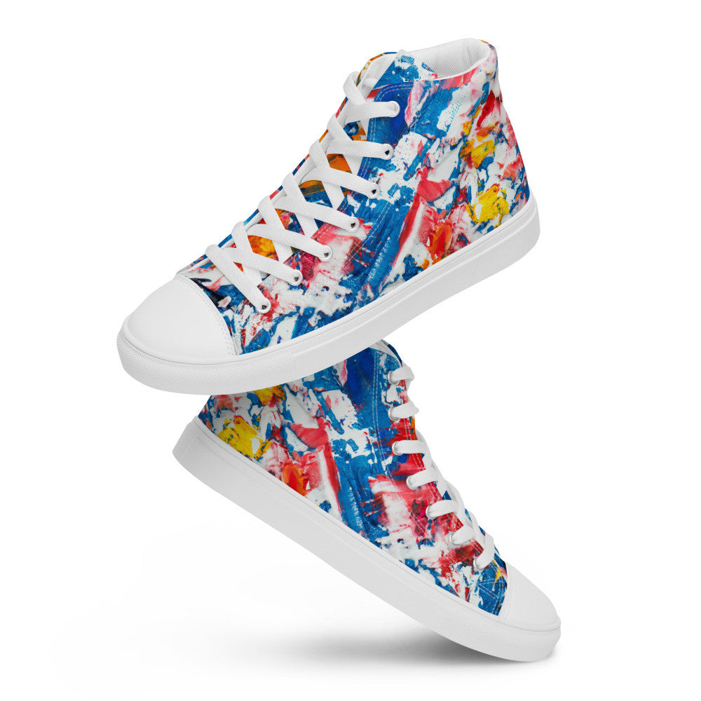 Women's high top canvas sneaker in red, blue and white splashes, with a padded ankle collar.