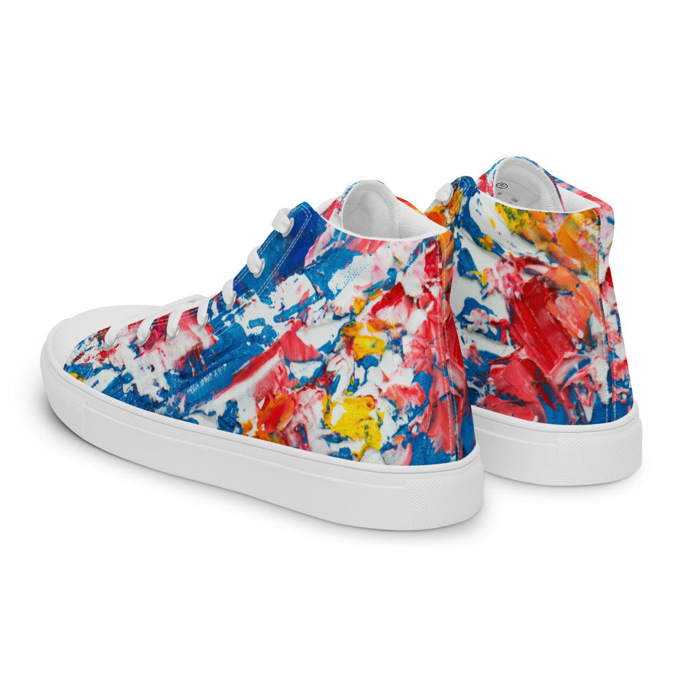 Women's high top canvas sneaker in red, blue and white splashes, with a padded ankle collar.