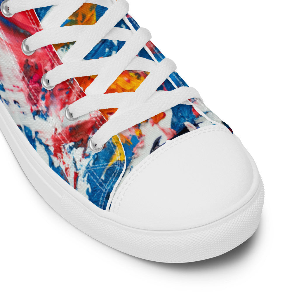 Women's high top canvas sneaker in red, blue and white splashes, with a padded ankle collar.