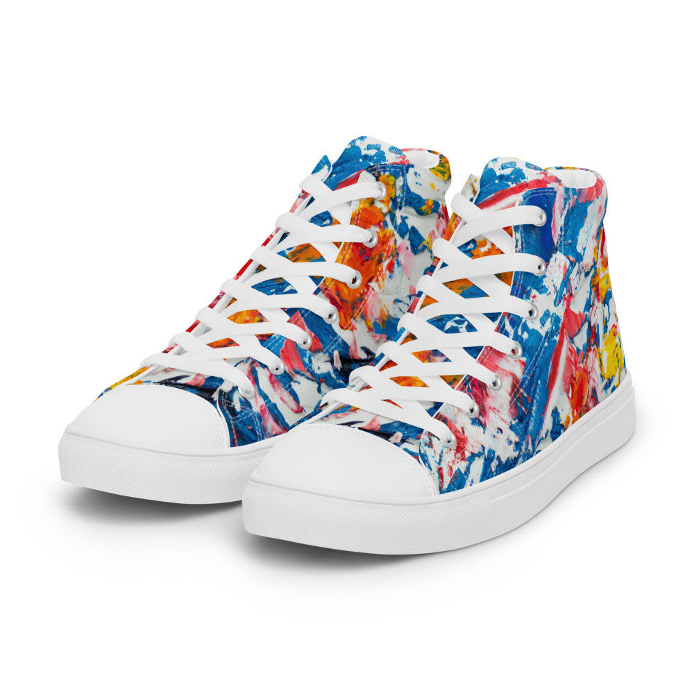 Women's high top canvas sneaker in red, blue and white splashes, with a padded ankle collar.