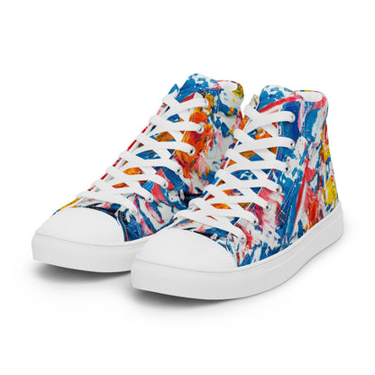 Women's high top canvas sneaker in red, blue and white splashes, with a padded ankle collar.