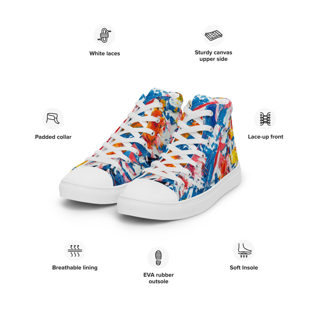 Women's high top canvas sneaker in red, blue and white splashes, with a padded ankle collar.