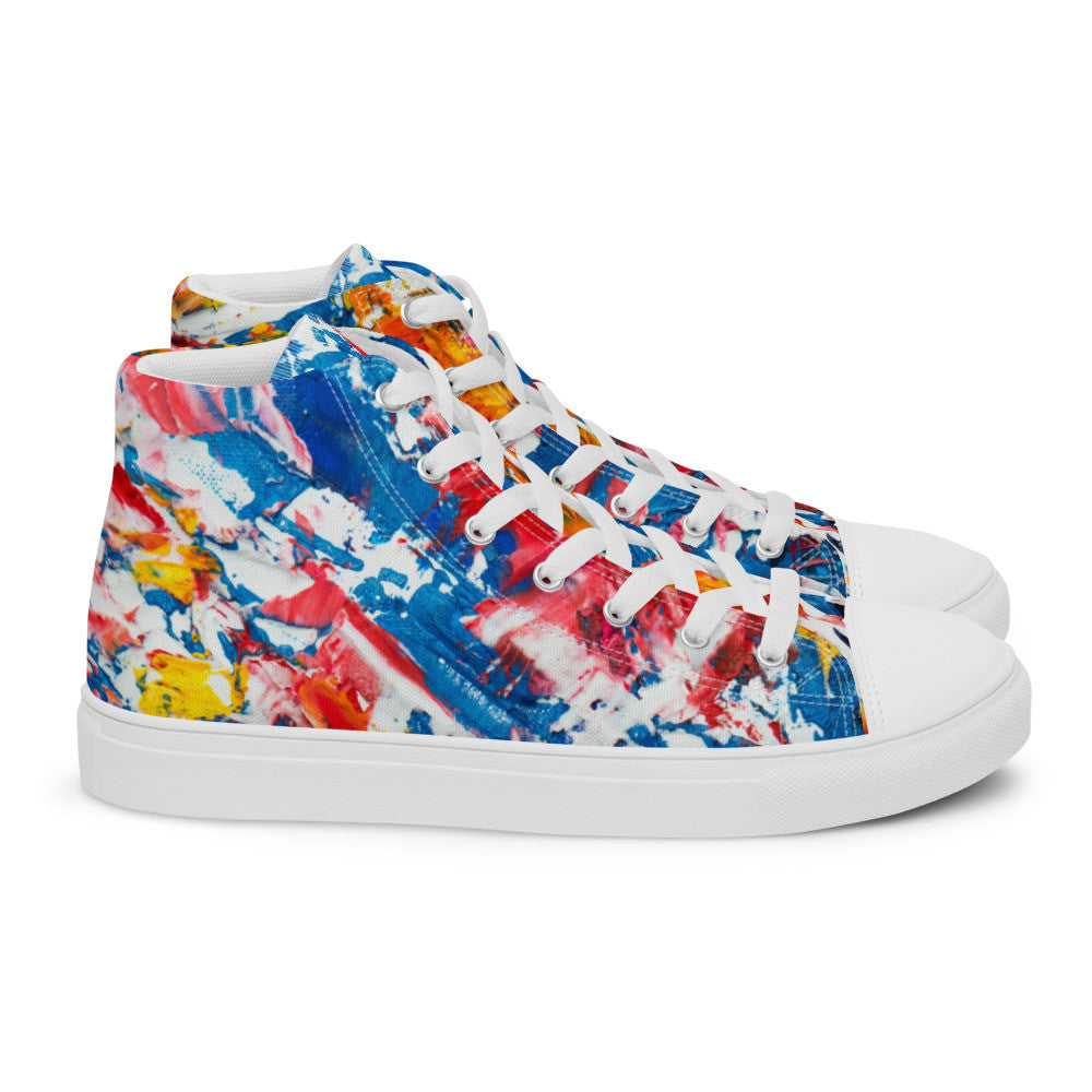 Women's high top canvas sneaker in red, blue and white splashes, with a padded ankle collar.