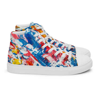 Women's high top canvas sneaker in red, blue and white splashes, with a padded ankle collar.