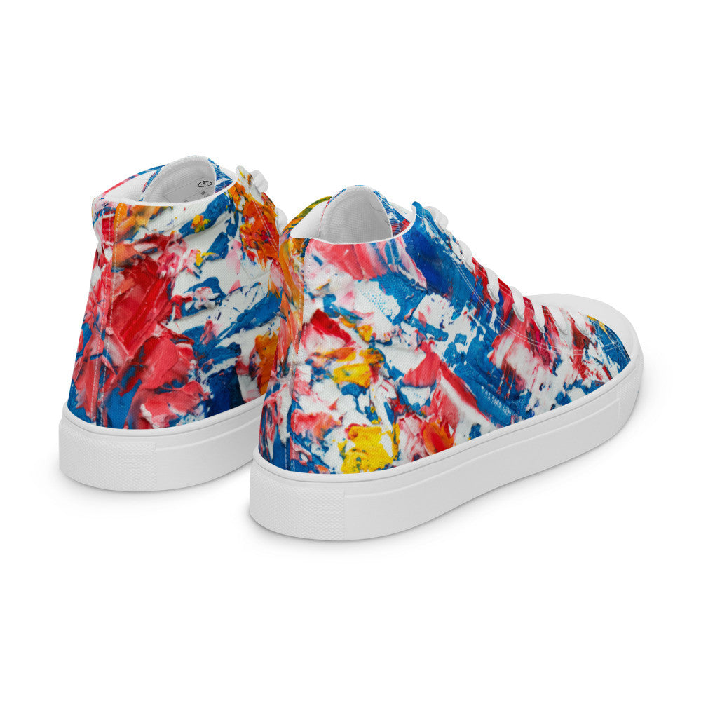 Women's high top canvas sneaker in red, blue and white splashes, with a padded ankle collar.