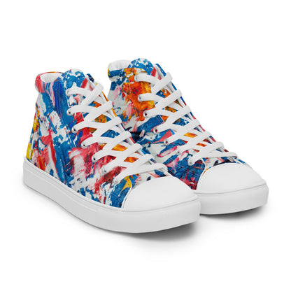 Women's high top canvas sneaker in red, blue and white splashes, with a padded ankle collar.