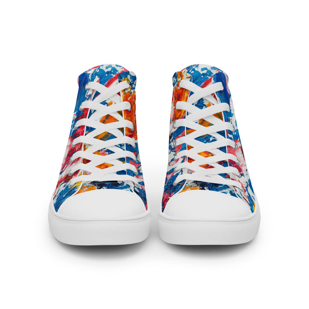 Women's high top canvas sneaker in red, blue and white splashes, with a padded ankle collar.