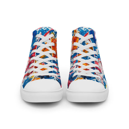 Women's high top canvas sneaker in red, blue and white splashes, with a padded ankle collar.