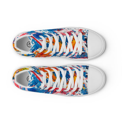 Women's high top canvas sneaker in red, blue and white splashes, with a padded ankle collar.