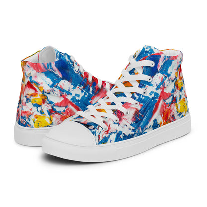 Women's high top canvas sneaker in red, blue and white splashes, with a padded ankle collar.