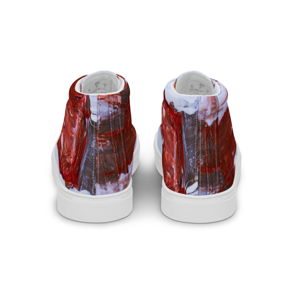 Men's high top canvas sneaker in red and white marbled print, with a padded collar.