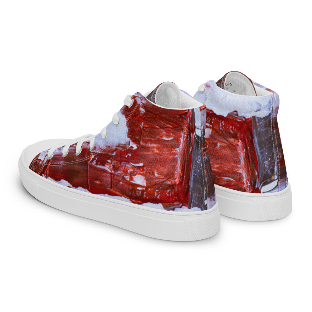 Men's high top canvas sneaker in red and white marbled print, with a padded collar.