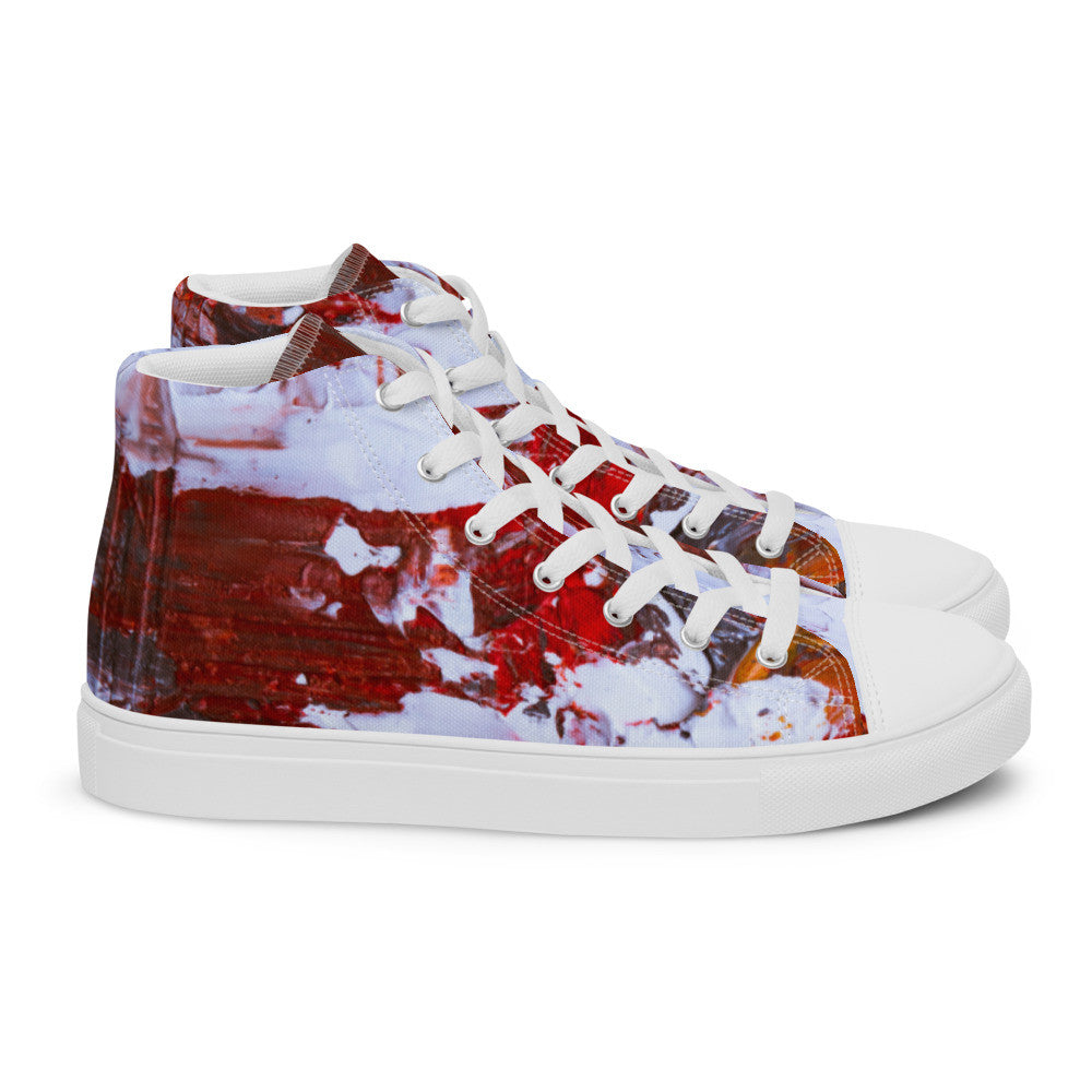 Men's high top canvas sneaker in red and white marbled print, with a padded collar.