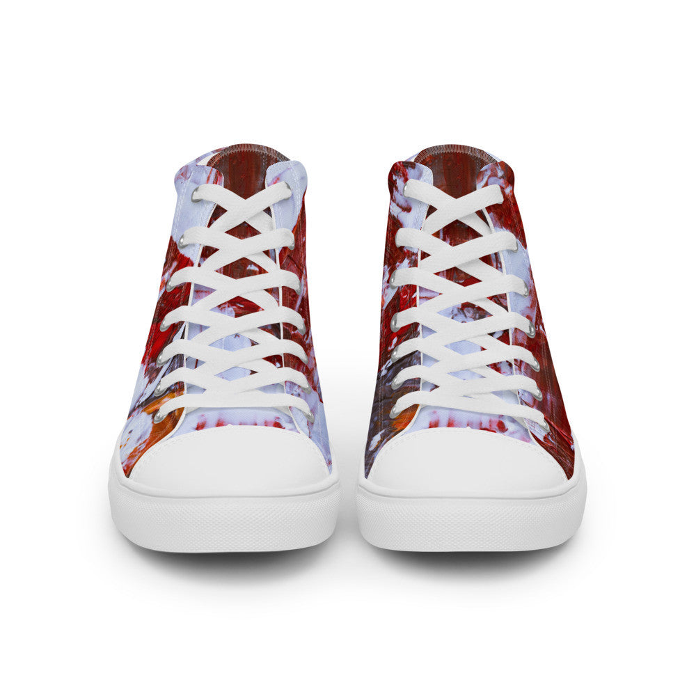 Men's high top canvas sneaker in red and white marbled print, with a padded collar.