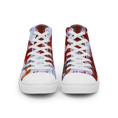Men's high top canvas sneaker in red and white marbled print, with a padded collar.