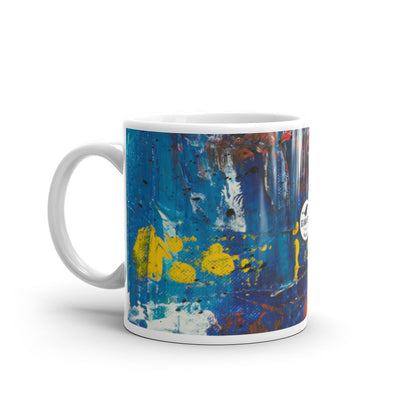 Glossy white ceramic mug printed with a red, yellow and blue abstract painting.