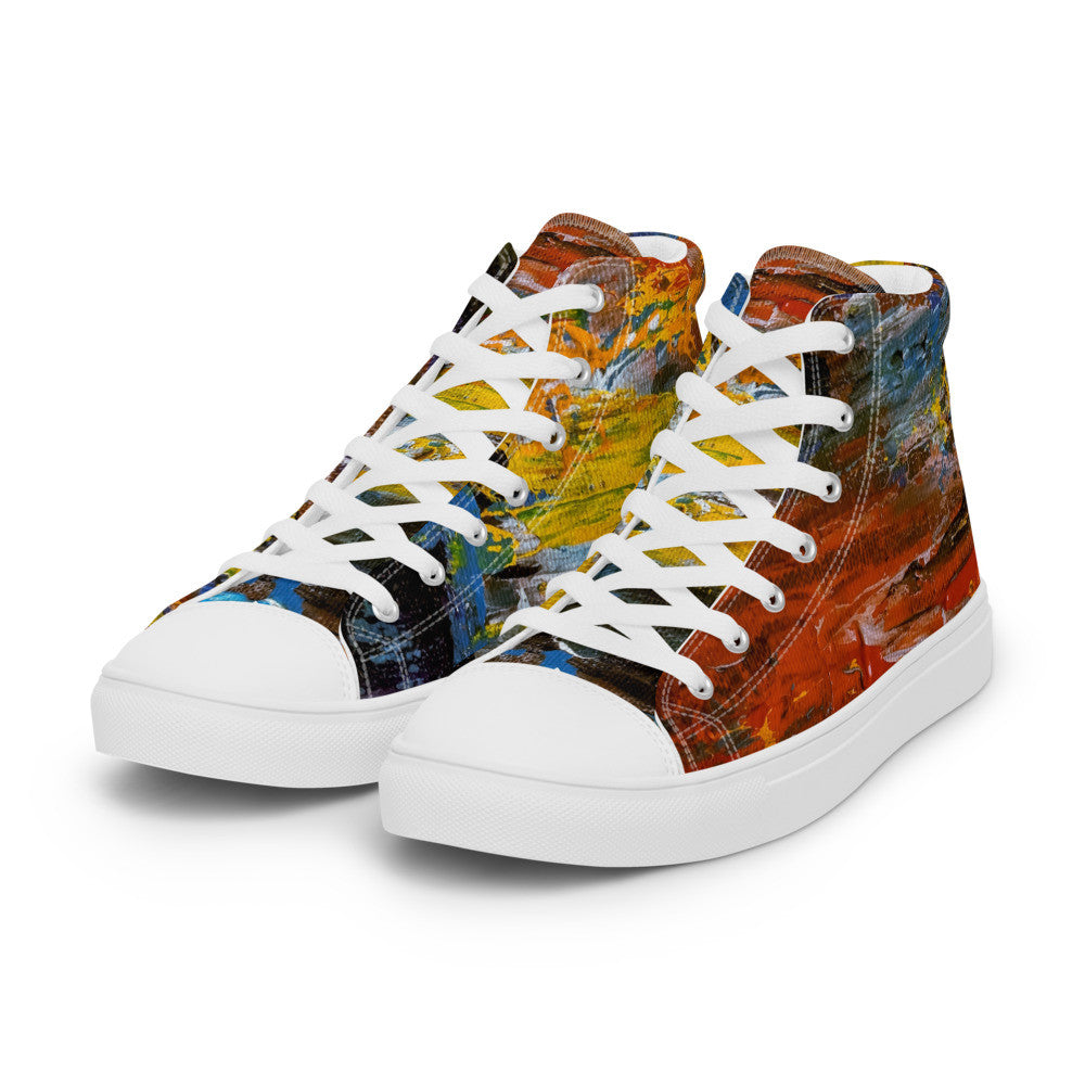 Women's high top canvas sneaker in rust, gold and blue brushwork, faux leather toe cap.
