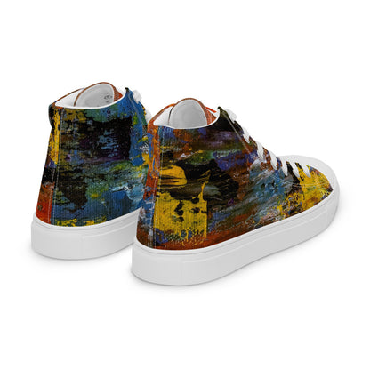 Women's high top canvas sneaker in rust, gold and blue brushwork, faux leather toe cap.