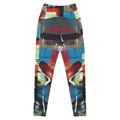 High-waisted leggings printed in sunset reds and teals, with a side pocket.
