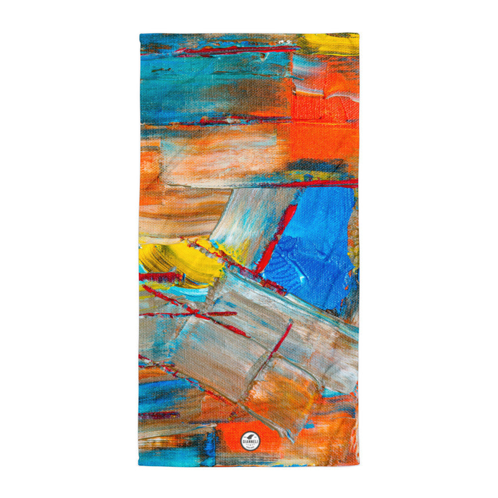 Bath towel printed in teal and orange brushwork on one face, cotton terry reverse.