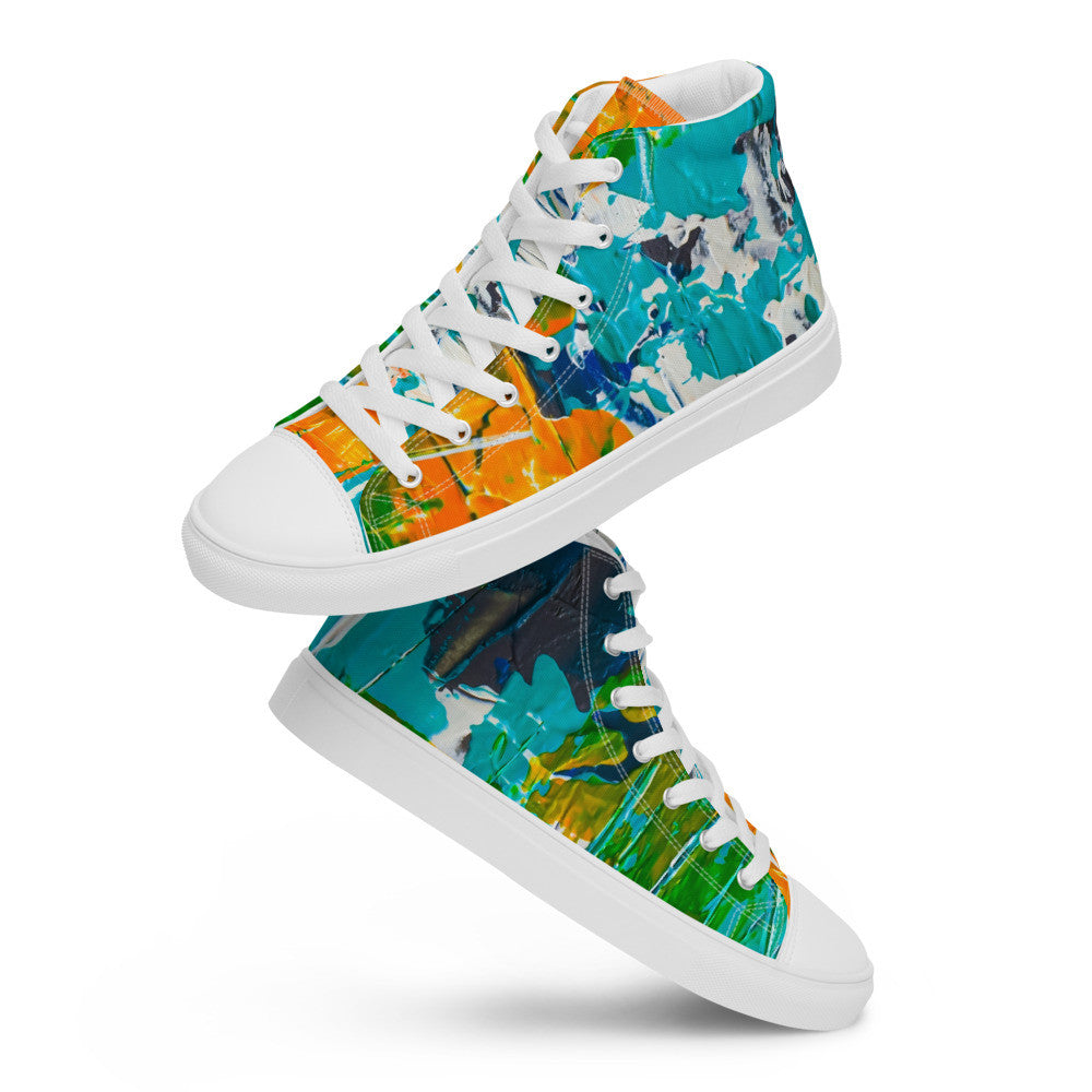 Women's high top canvas sneaker in teal, green and orange brushwork, with a padded collar.