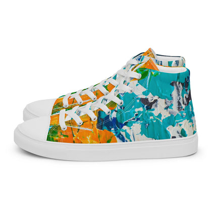 Women's high top canvas sneaker in teal, green and orange brushwork, with a padded collar.