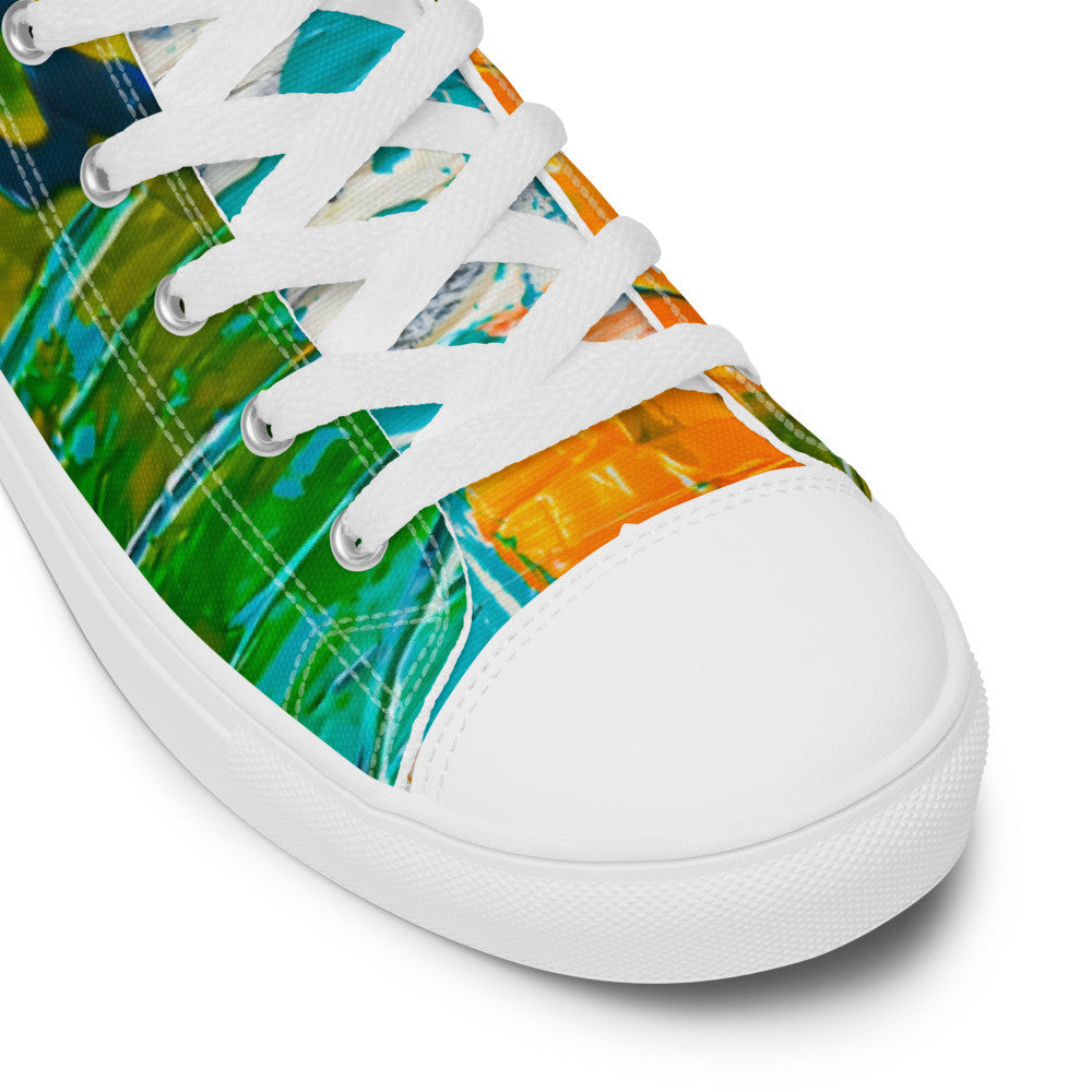 Women's high top canvas sneaker in teal, green and orange brushwork, with a padded collar.