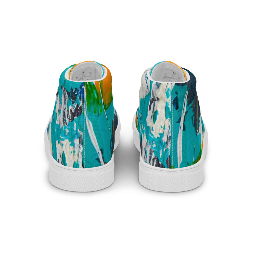 Women's high top canvas sneaker in teal, green and orange brushwork, with a padded collar.