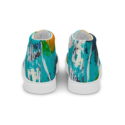Women's high top canvas sneaker in teal, green and orange brushwork, with a padded collar.