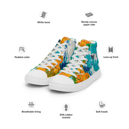 Women's high top canvas sneaker in teal, green and orange brushwork, with a padded collar.