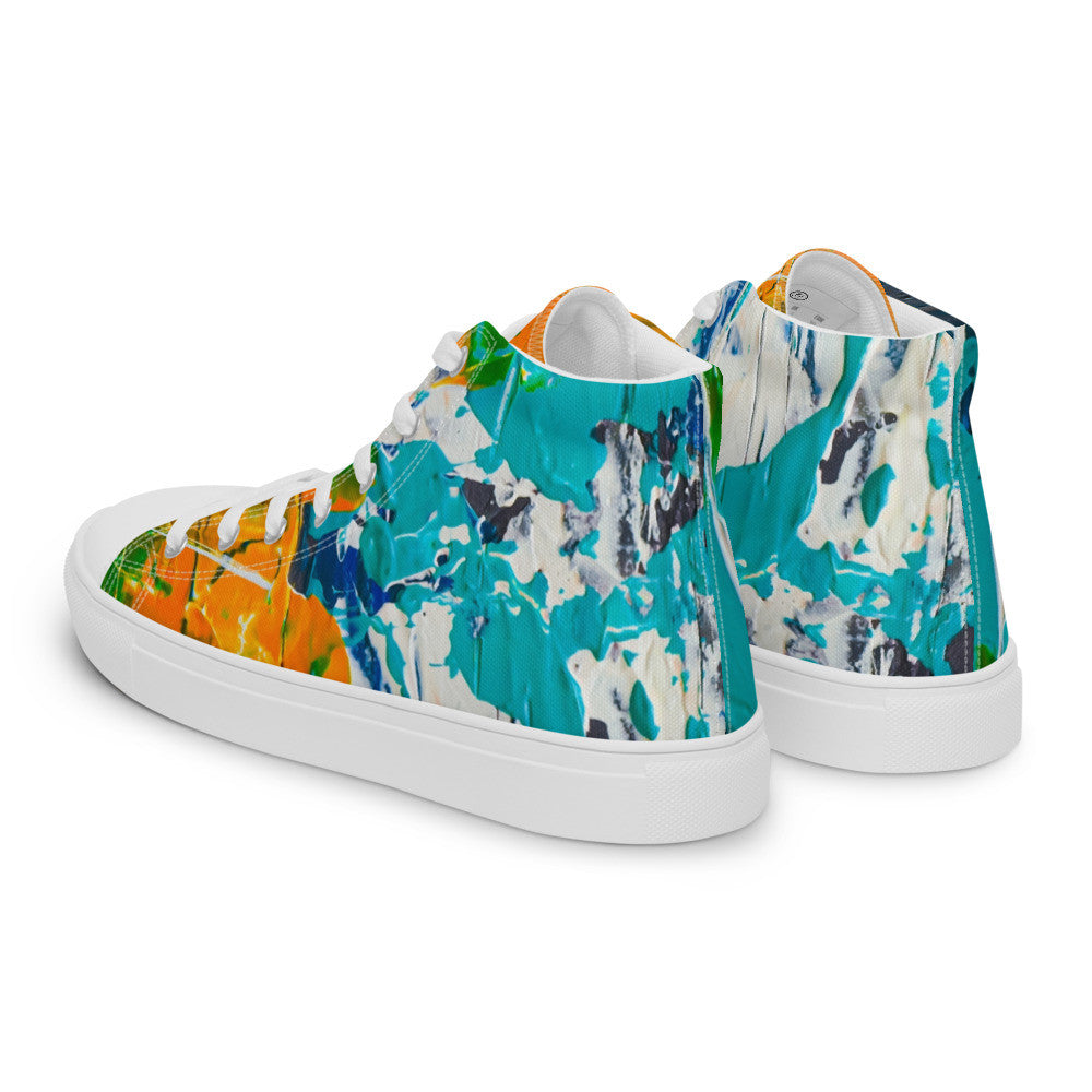 Women's high top canvas sneaker in teal, green and orange brushwork, with a padded collar.