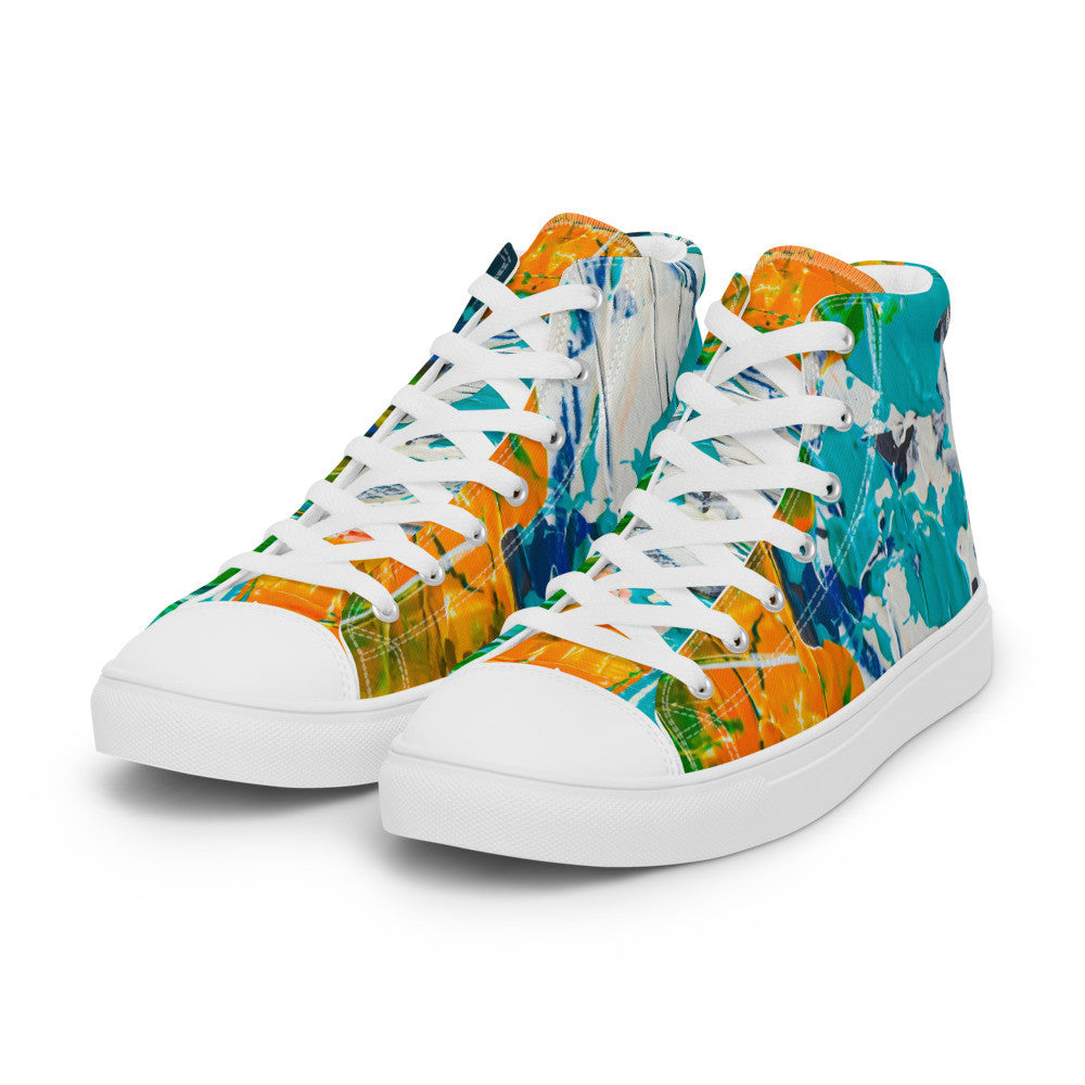 Women's high top canvas sneaker in teal, green and orange brushwork, with a padded collar.