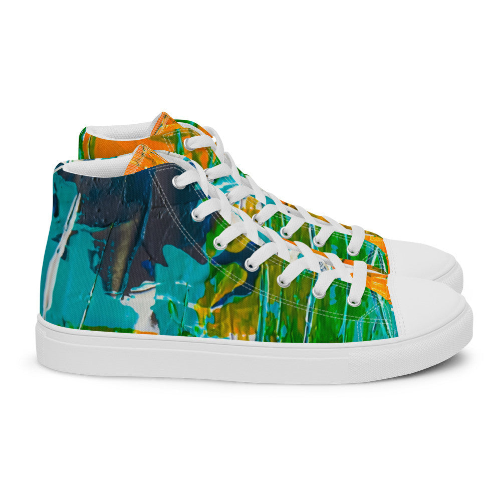 Women's high top canvas sneaker in teal, green and orange brushwork, with a padded collar.
