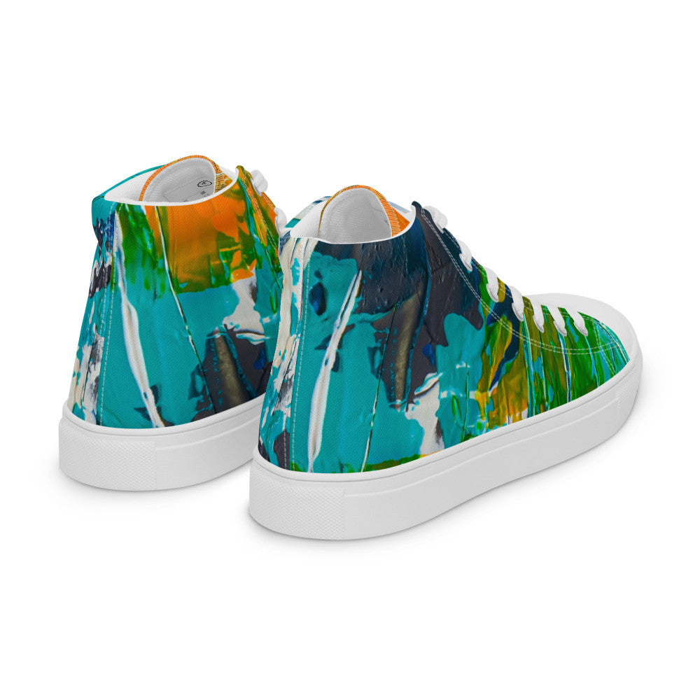Women's high top canvas sneaker in teal, green and orange brushwork, with a padded collar.