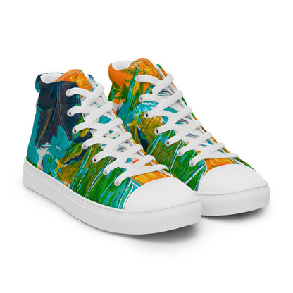 Women's high top canvas sneaker in teal, green and orange brushwork, with a padded collar.