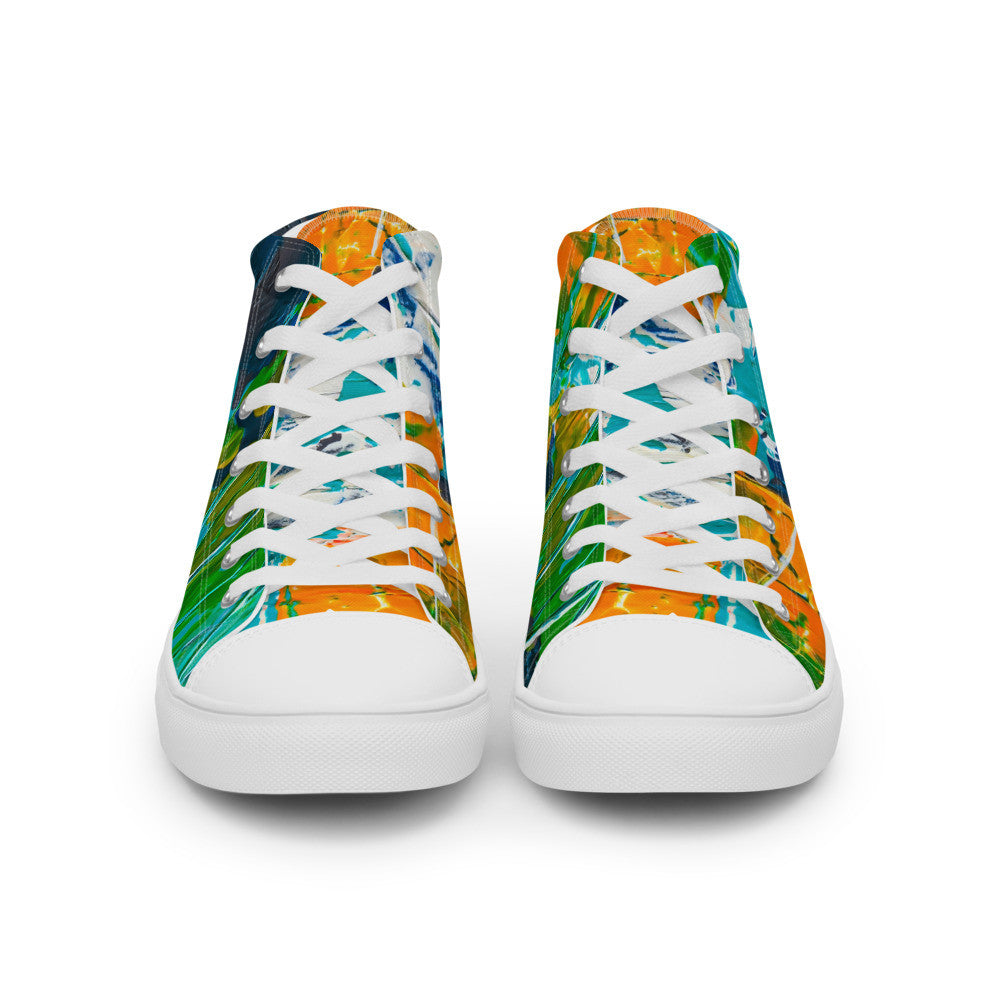 Women's high top canvas sneaker in teal, green and orange brushwork, with a padded collar.