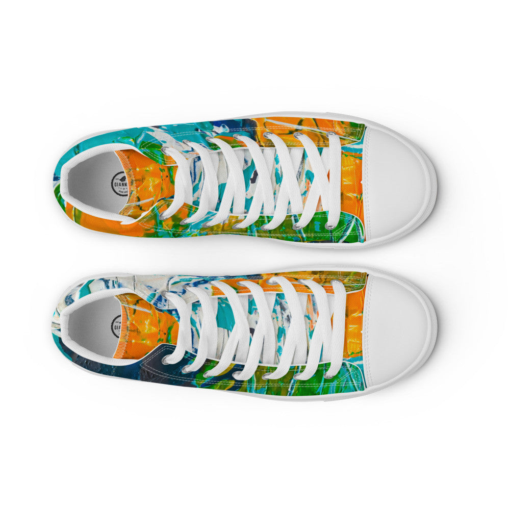 Women's high top canvas sneaker in teal, green and orange brushwork, with a padded collar.